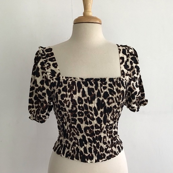 Monteau linen blend puff sleeve milkmaid cropped leopard print blouse large NWT - Picture 1 of 6